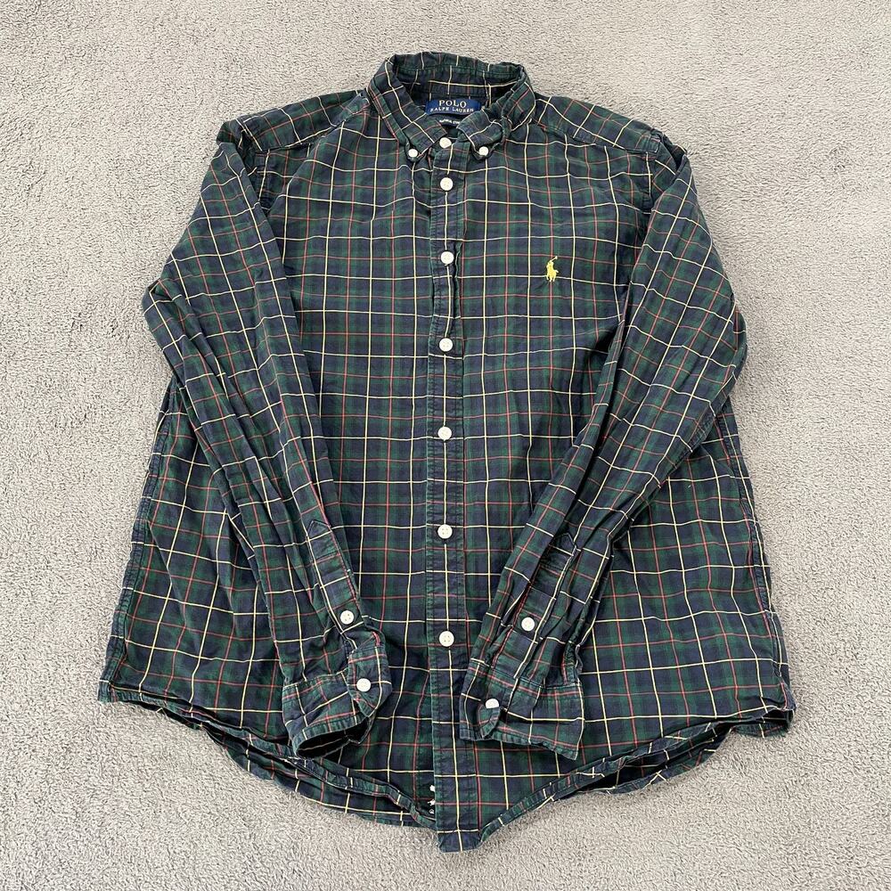 Polo Ralph Lauren Natural Stretch Green Plaid Button Down Shirt Kids Size XL